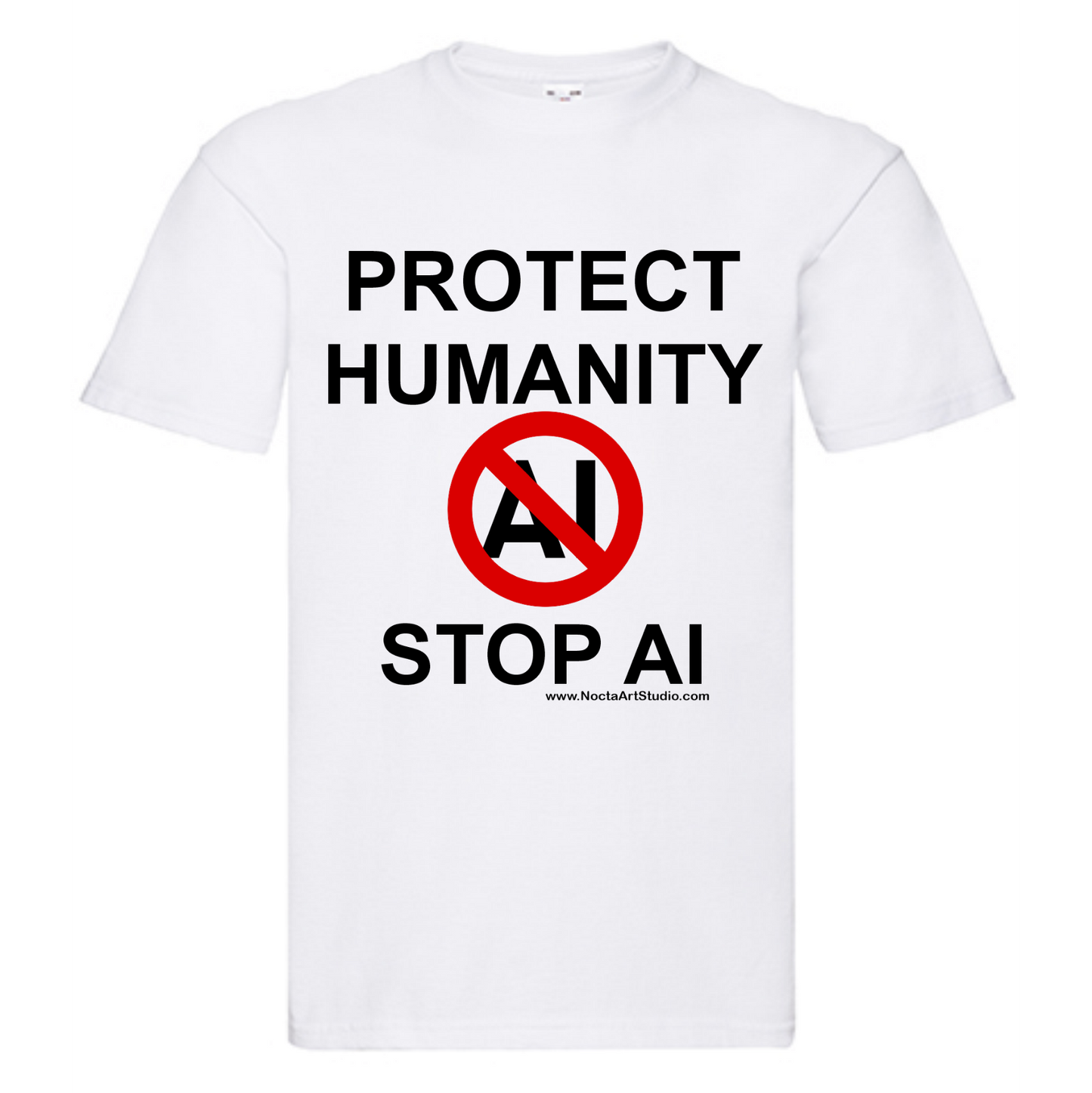 T-shirt Protect humanity stop AI. Havy cotton. 100% bomuld. Unisex. Hvid