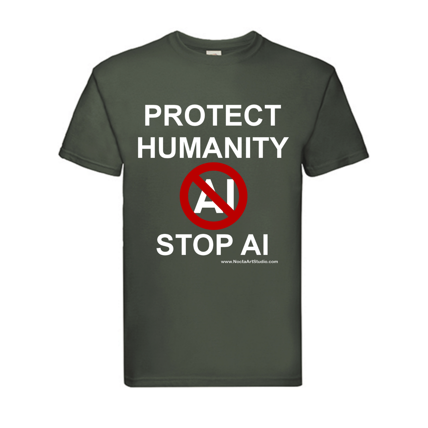 T-shirt Protect humanity stop AI. Havy cotton. 100% bomuld. Unisex. Grøn.