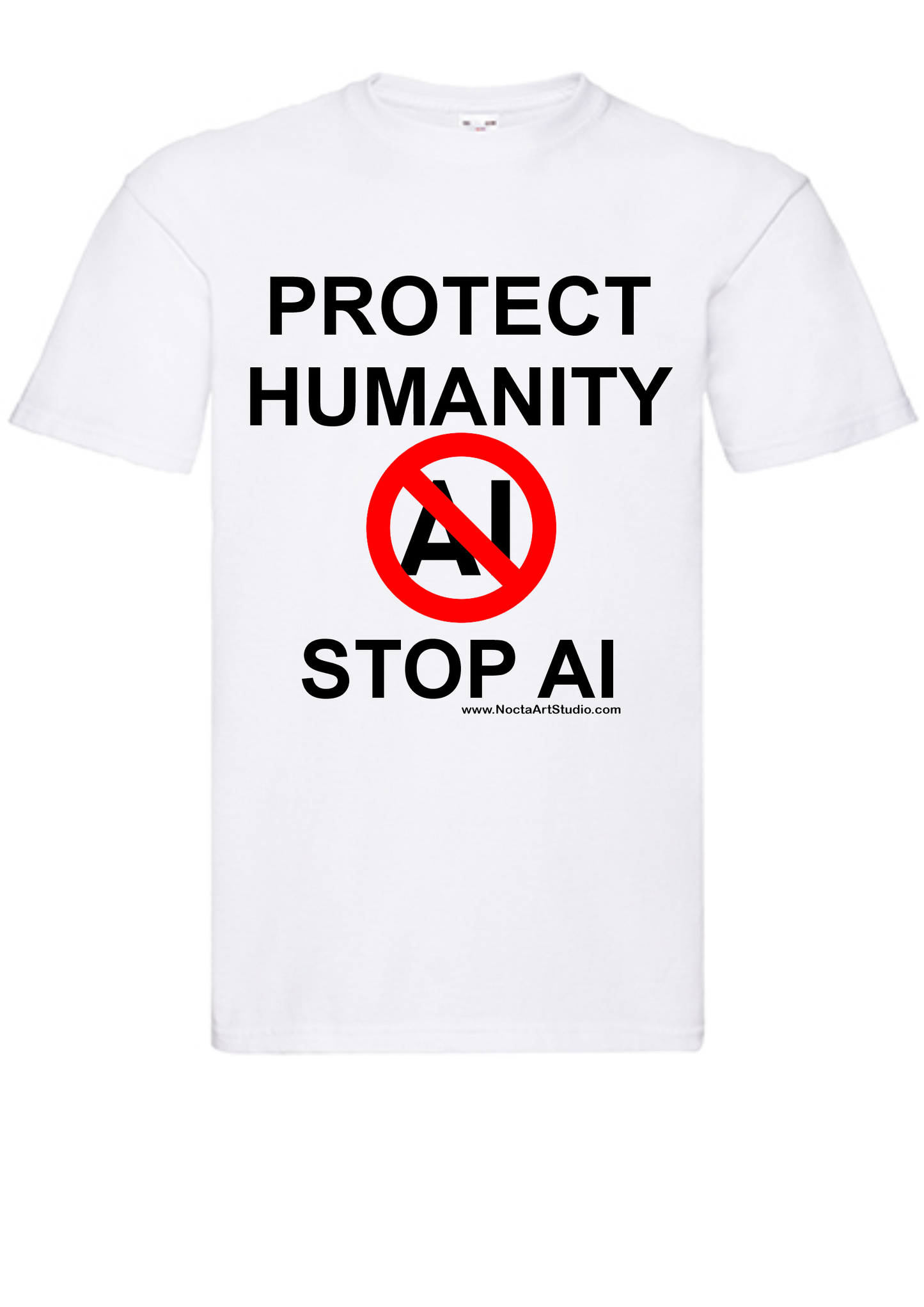 T-shirt Protect humanity stop AI. Havy cotton. 100% bomuld. Unisex. Hvid