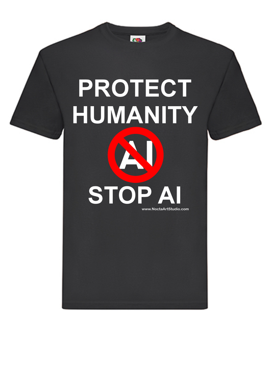 T-shirt Protect humanity stop AI. Havy cotton. 100% bomuld. Sort. Unisex.