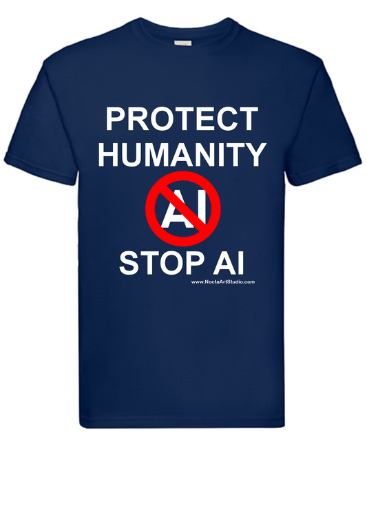 T-shirt Protect humanity stop AI. Havy cotton. 100% bomuld. Unisex. Navy.