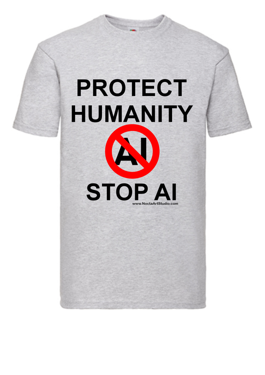 T-shirt Protect humanity stop AI. Havy cotton. 100% bomuld. Unisex. Aske gråt.