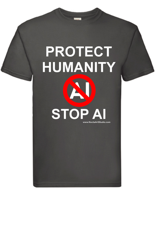 T-shirt Protect humanity stop AI. Havy cotton. 100% bomuld. Unisex. Gråt.