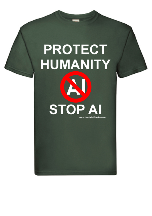 T-shirt Protect humanity stop AI. Havy cotton. 100% bomuld. Unisex. Grøn.